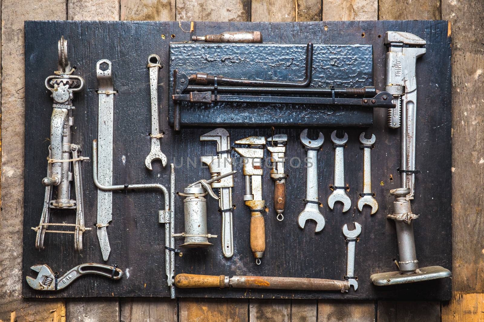 Old dirty tools set, car mechanics wrenches by petrsvoboda91