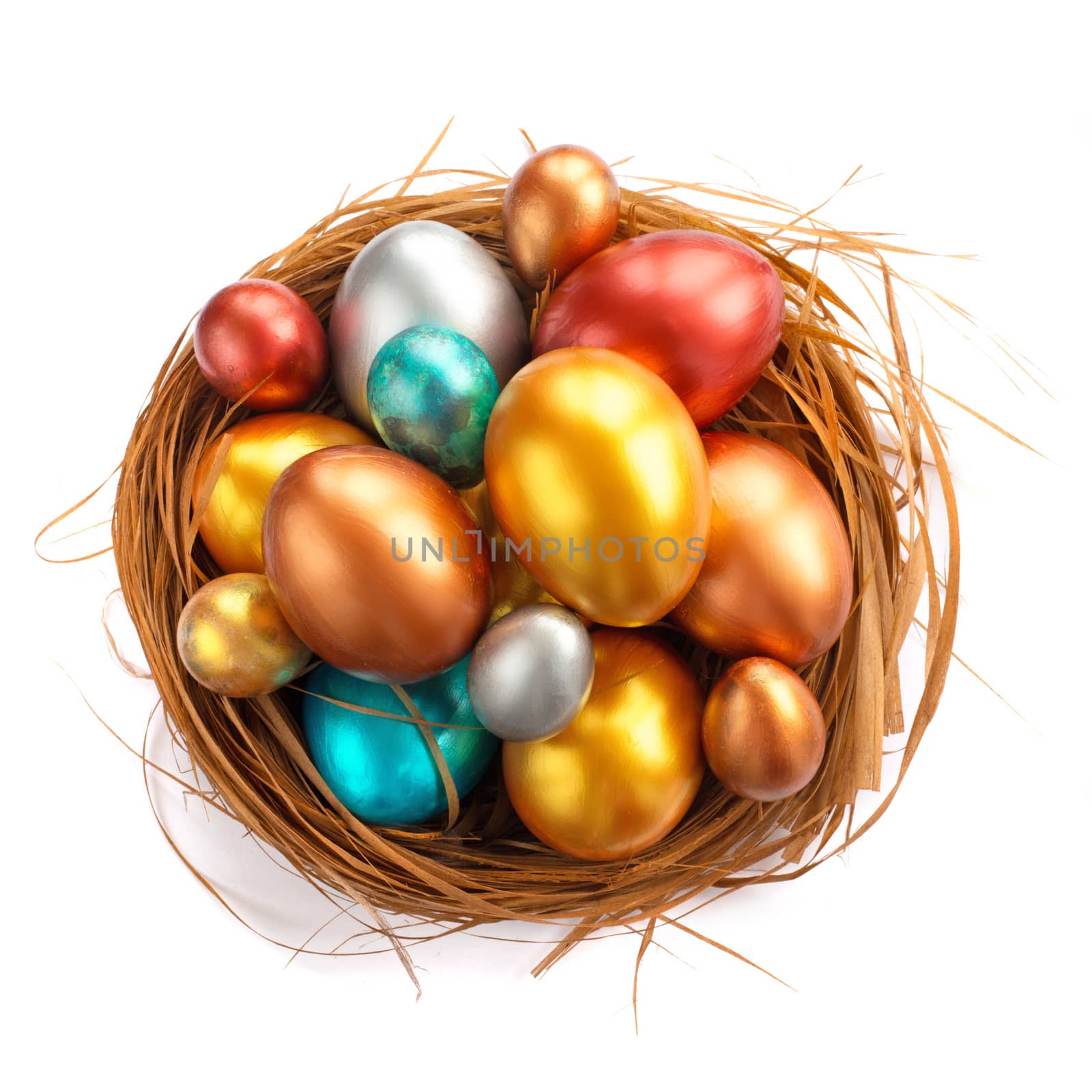 Happy Easter holiday greeting symbol stylish natural wooden grass nest with golden quail eggs isolated on white background
