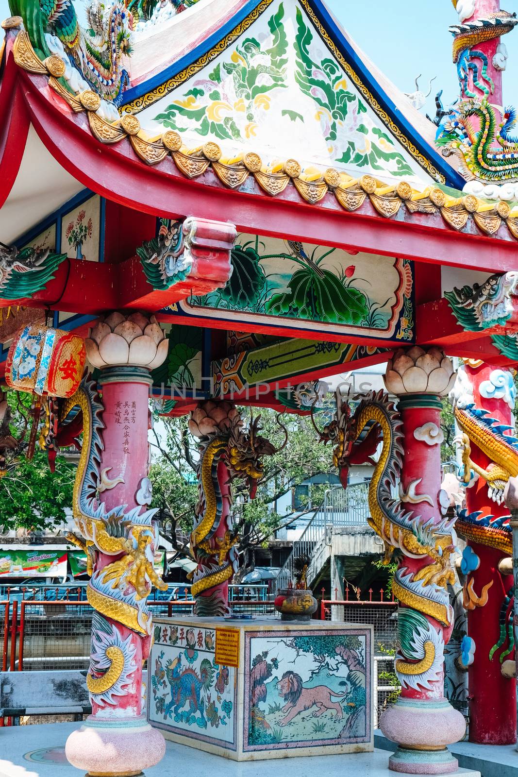 Min Buri District, Thailand-March 06, 2019: detail of decoration art at Jiao Tong Chao Ai Shrine, Bangkok, Thailand.