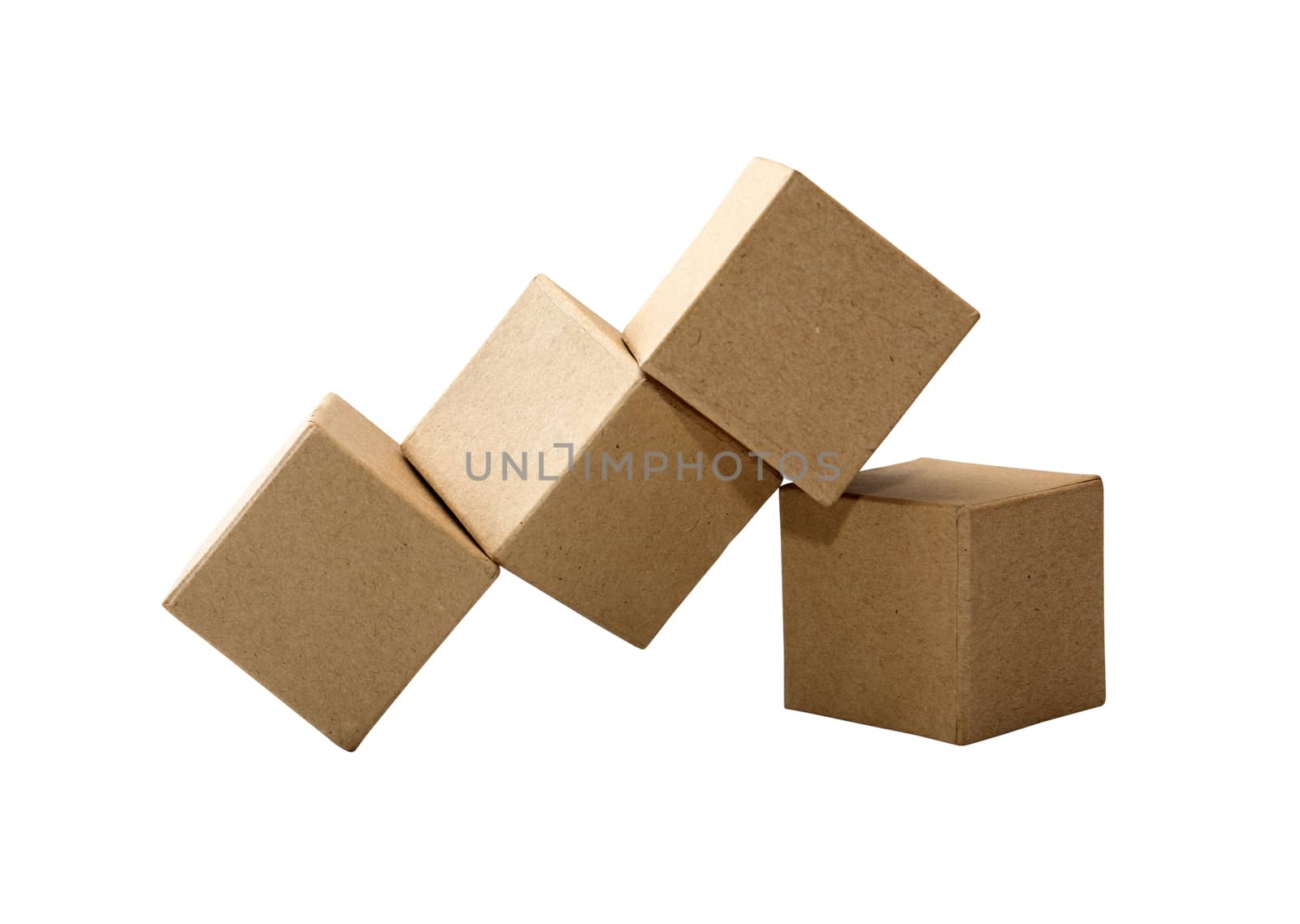 Set of brown cardboard cubes isolated on white background with clipping path