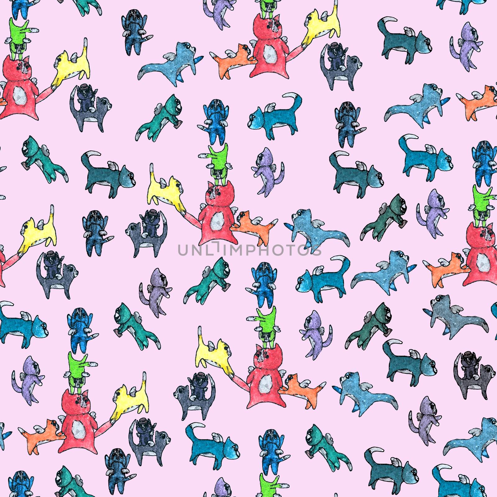 Watercolor Pattern of Flying Cats on Pink Background