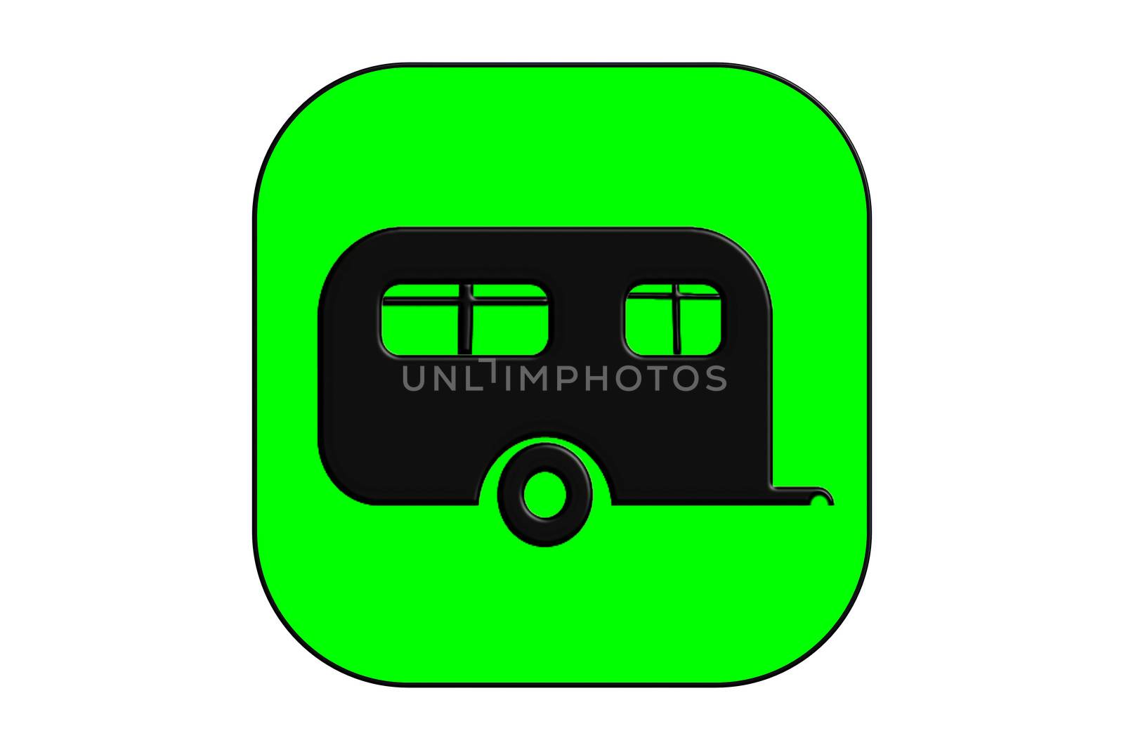 Black silhouetted RVs, campers / camping cars, truck trailers, flat design icons, isolated on green background