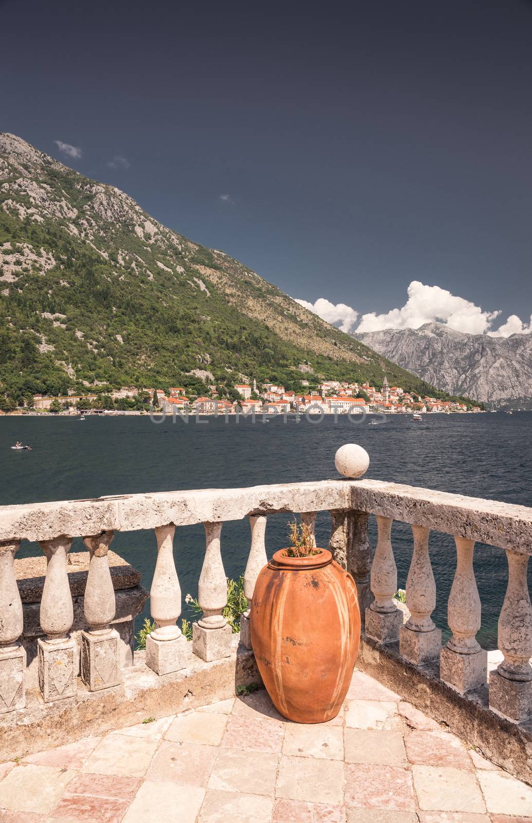 Perast, Montenegro - 07.11.2018.  View of the Bay of Kotor from the island in Montenegro