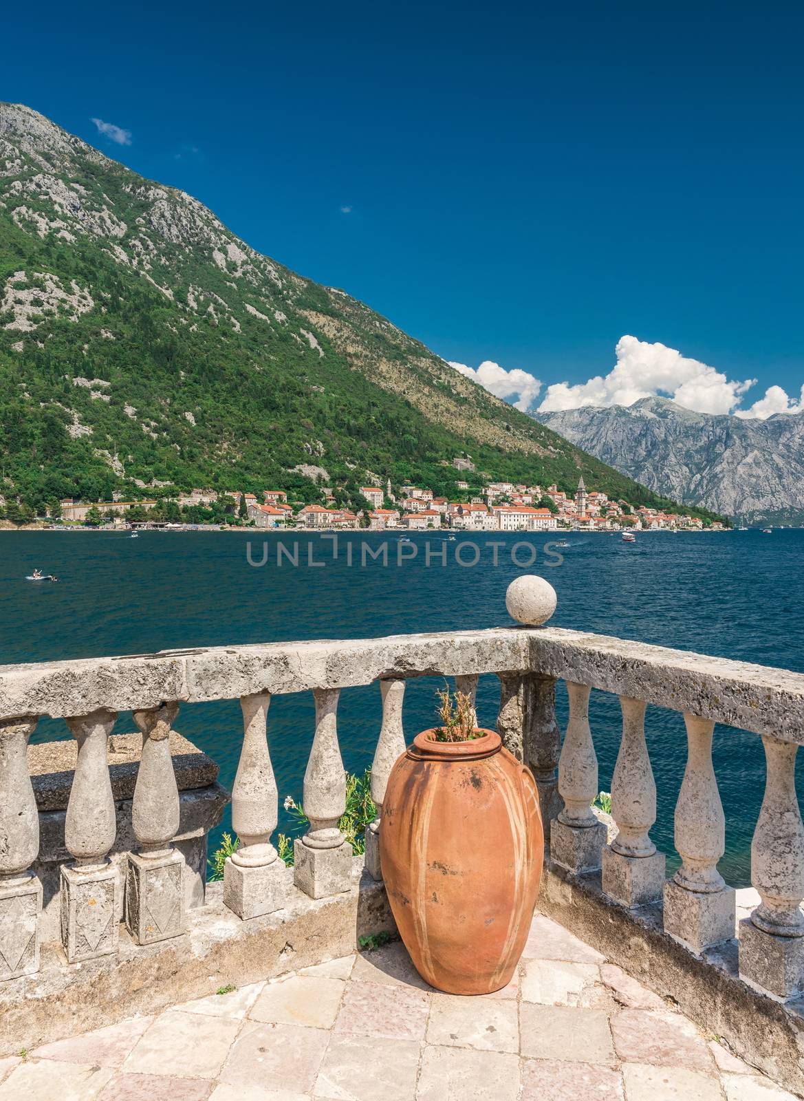 Perast, Montenegro - 07.11.2018.  View of the Bay of Kotor from the island in Montenegro