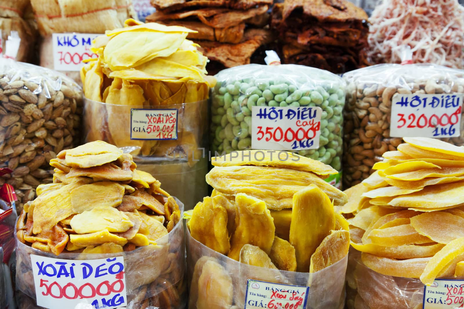 Various sweet and salty snacks at a Vietnamese market