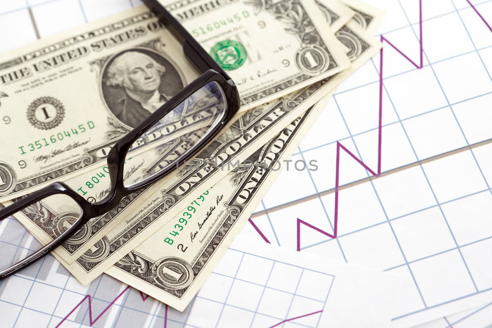 One USA dollar set and spectacles on paper background with graph