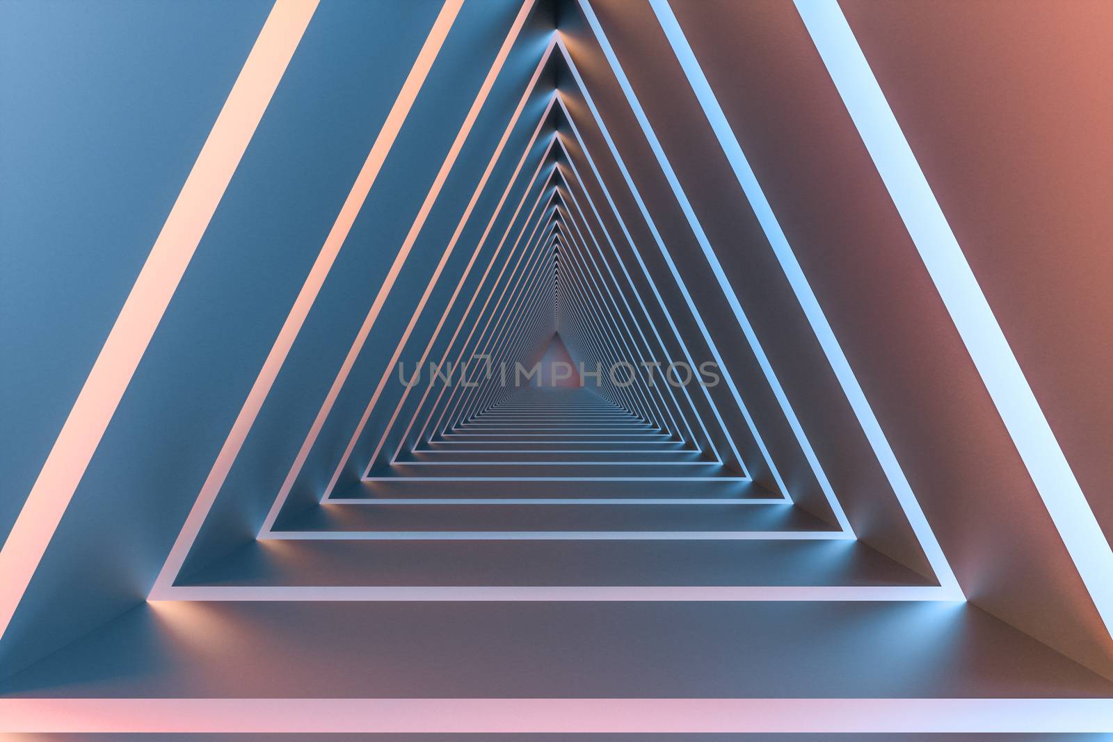 3d rendering, triangle tunnel with glowing lines background by vinkfan