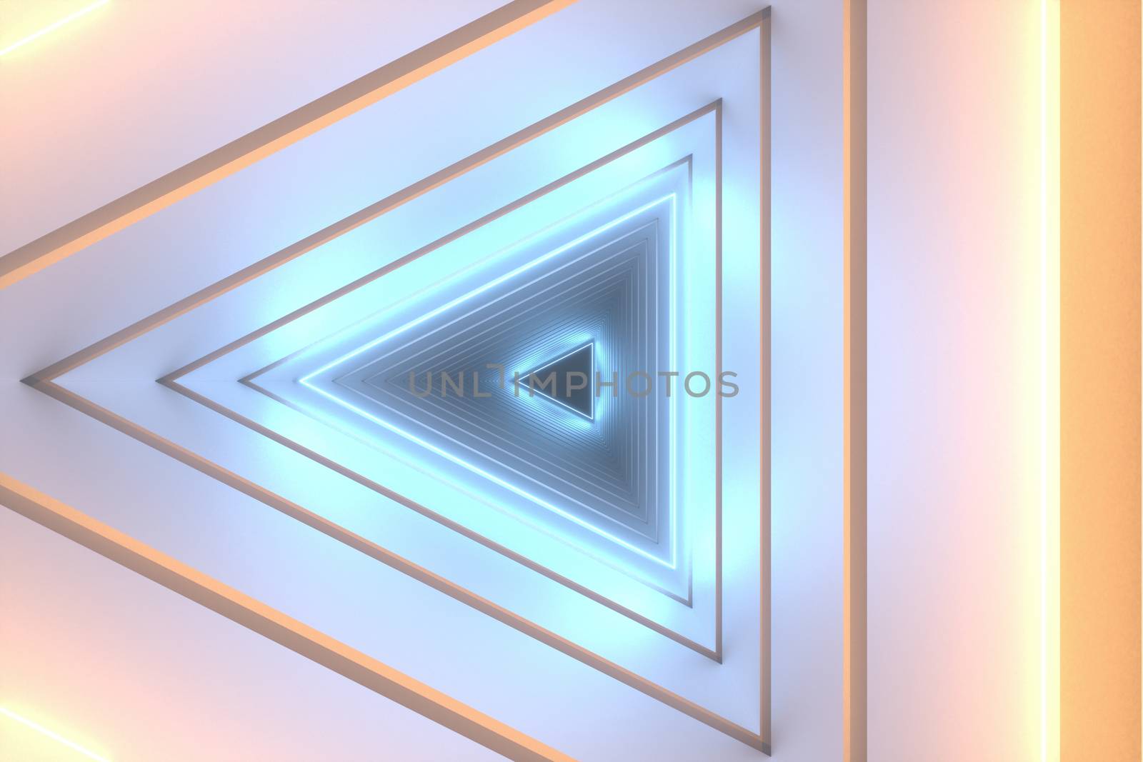 3d rendering, triangle tunnel with glowing lines background by vinkfan