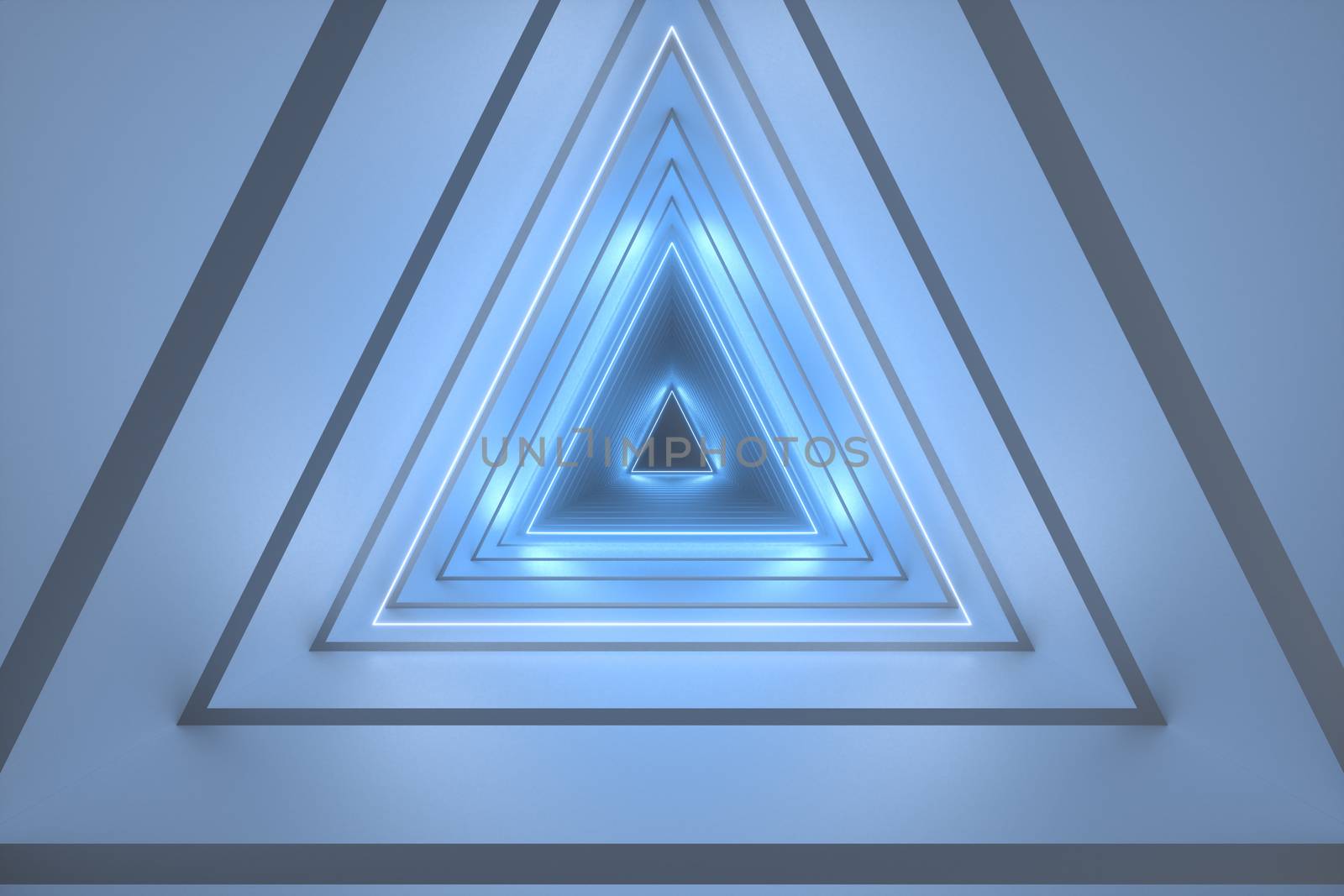 3d rendering, triangle tunnel with glowing lines background by vinkfan