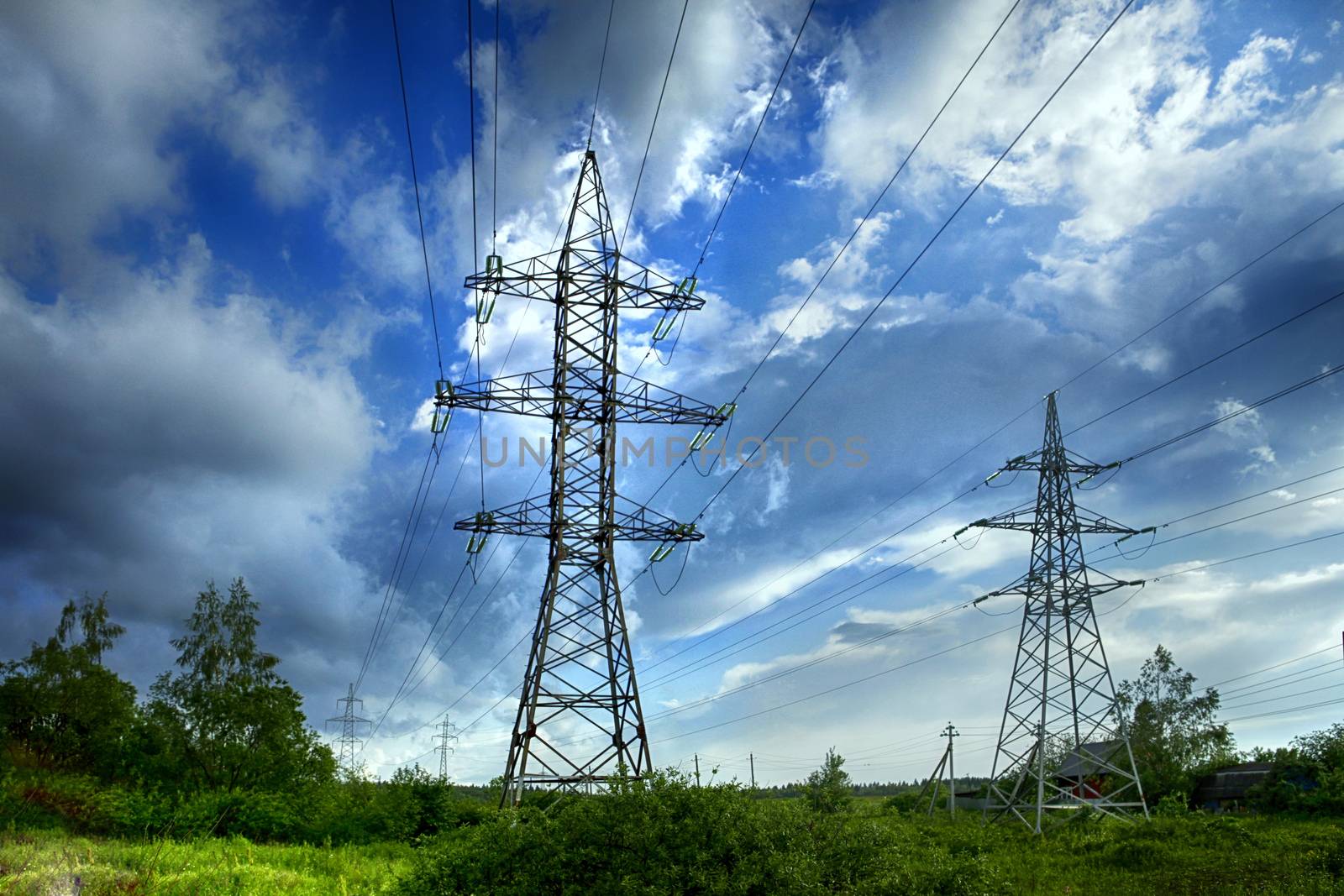 transmission tower on blue sky background