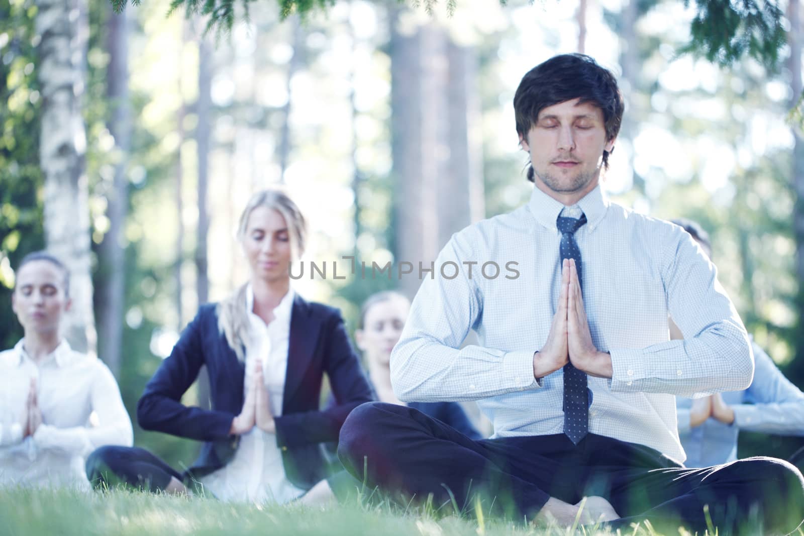 Business people practicing yoga in park