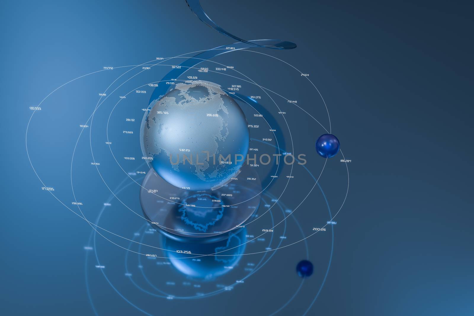 Computer digital drawing, blue background, data and earth graphics