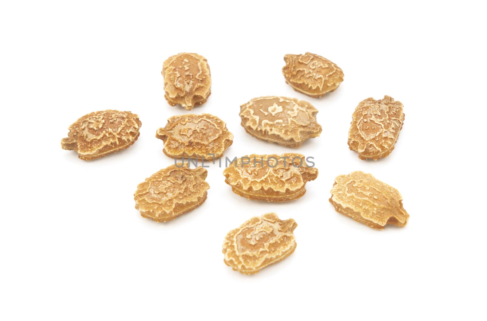Bitter melon seeds - momordica charantia - unusual shape and markings, roughly 1cm long on white background