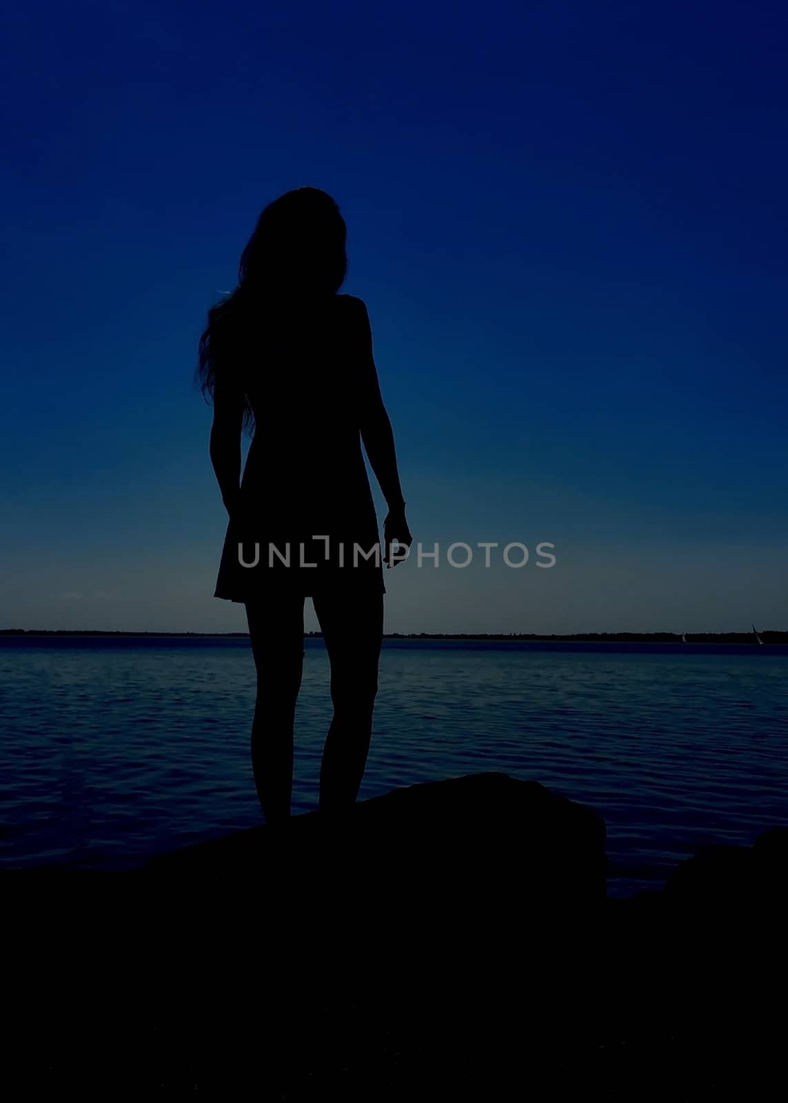 Girl silhouette, in blue hour. Girl standing on the lake coast.