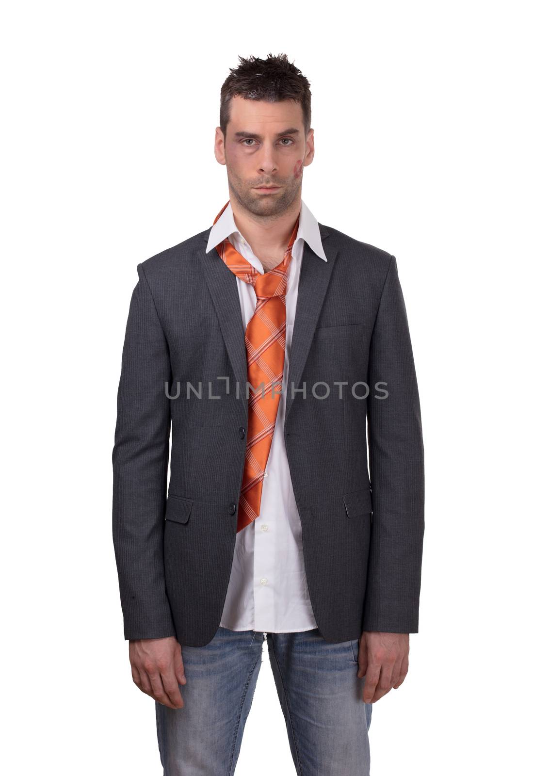 Beaten business man isolated on a white background