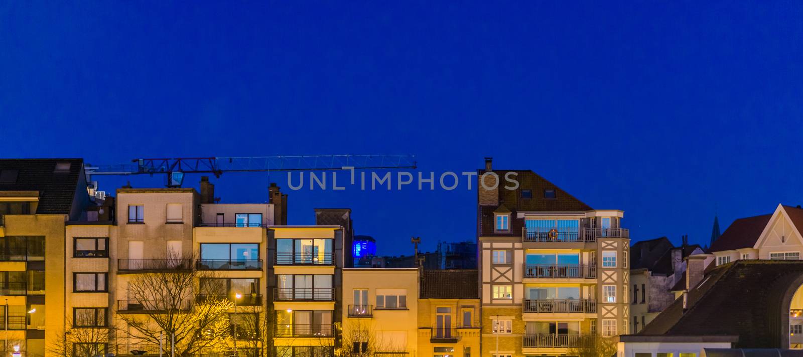 city apartments by night, Belgian architecture of Blankenberge, Belgium