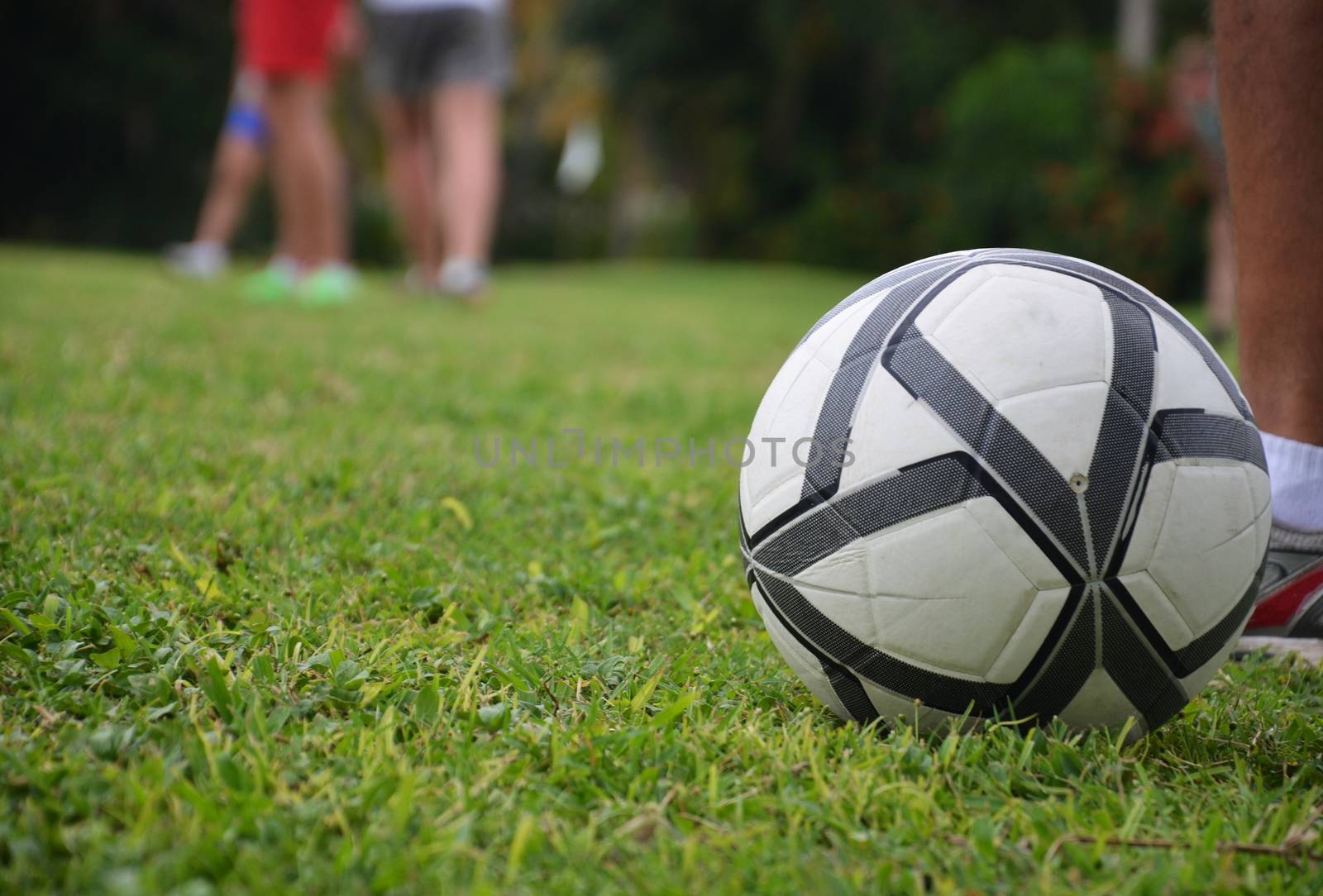 football field, ball on grass, the feet of men. Blurred background.