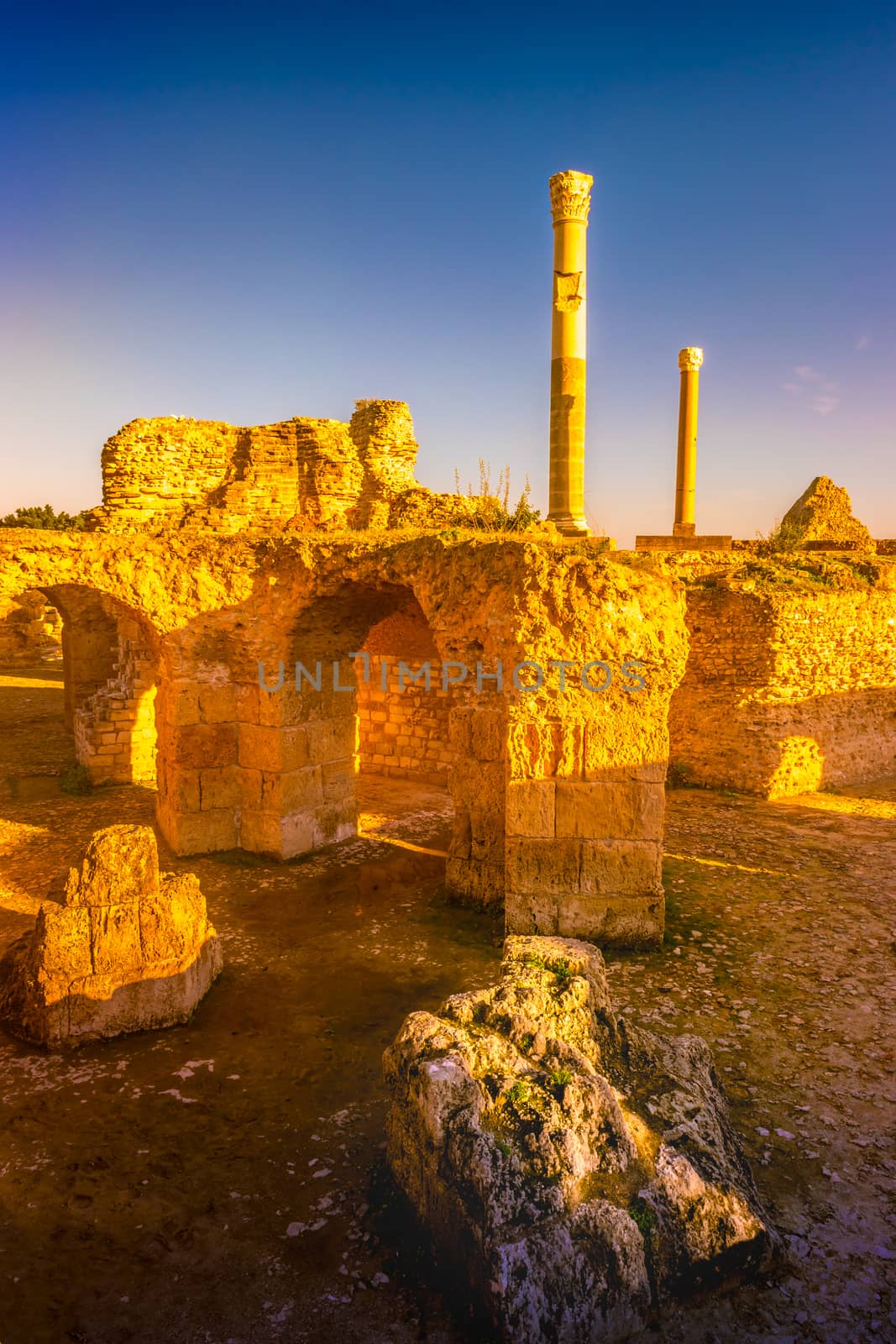 Colorful sunset in Carthage. Baths of Antonius in Carthage, near Tunis, Tunisia