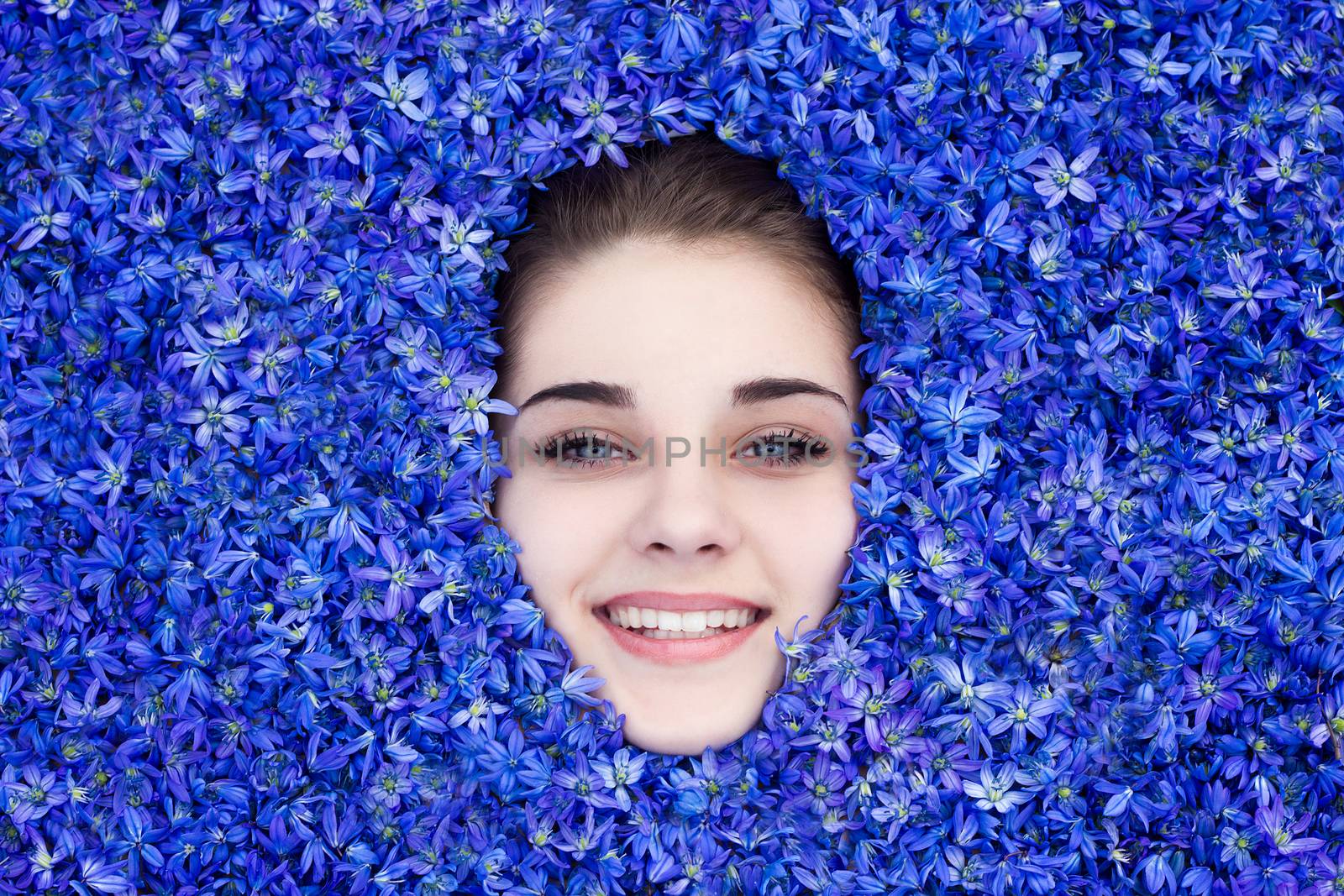the girl is covered with blue spring flowers, the girl looks out from under the flowers. beautiful girl