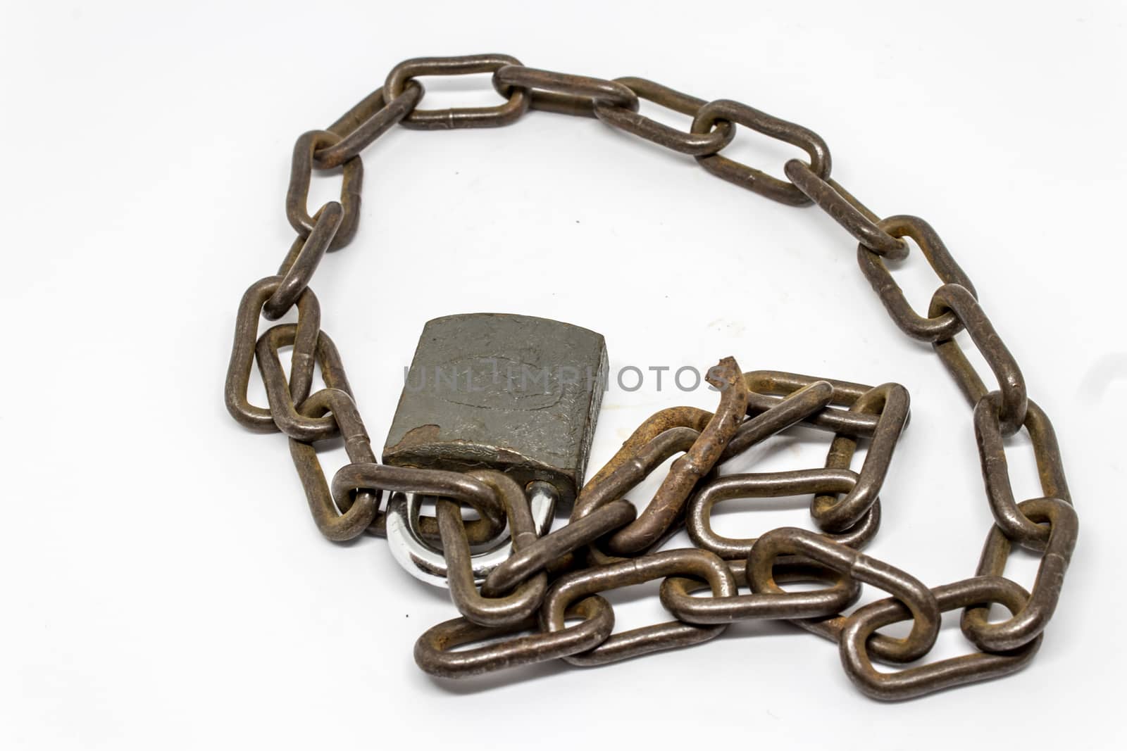 an isolated chain and rusty chain with white background. product shoot with sharp details.