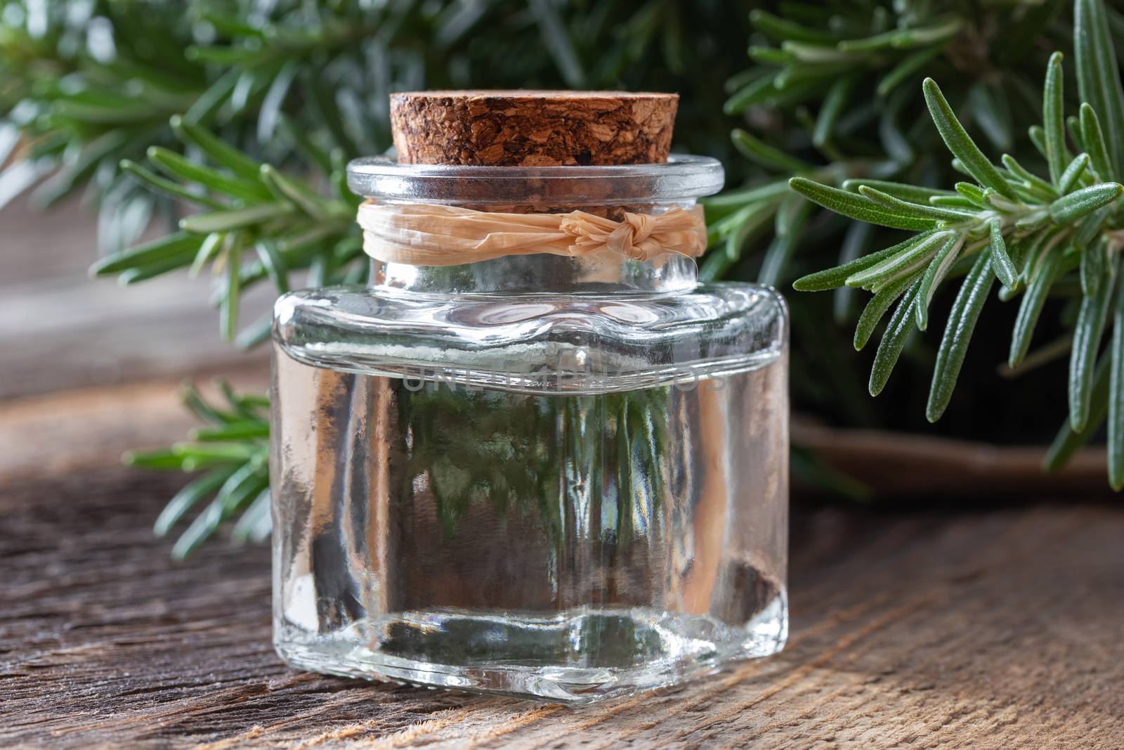 A bottle of rosemary essential oil with fresh rosemary by madeleine_steinbach