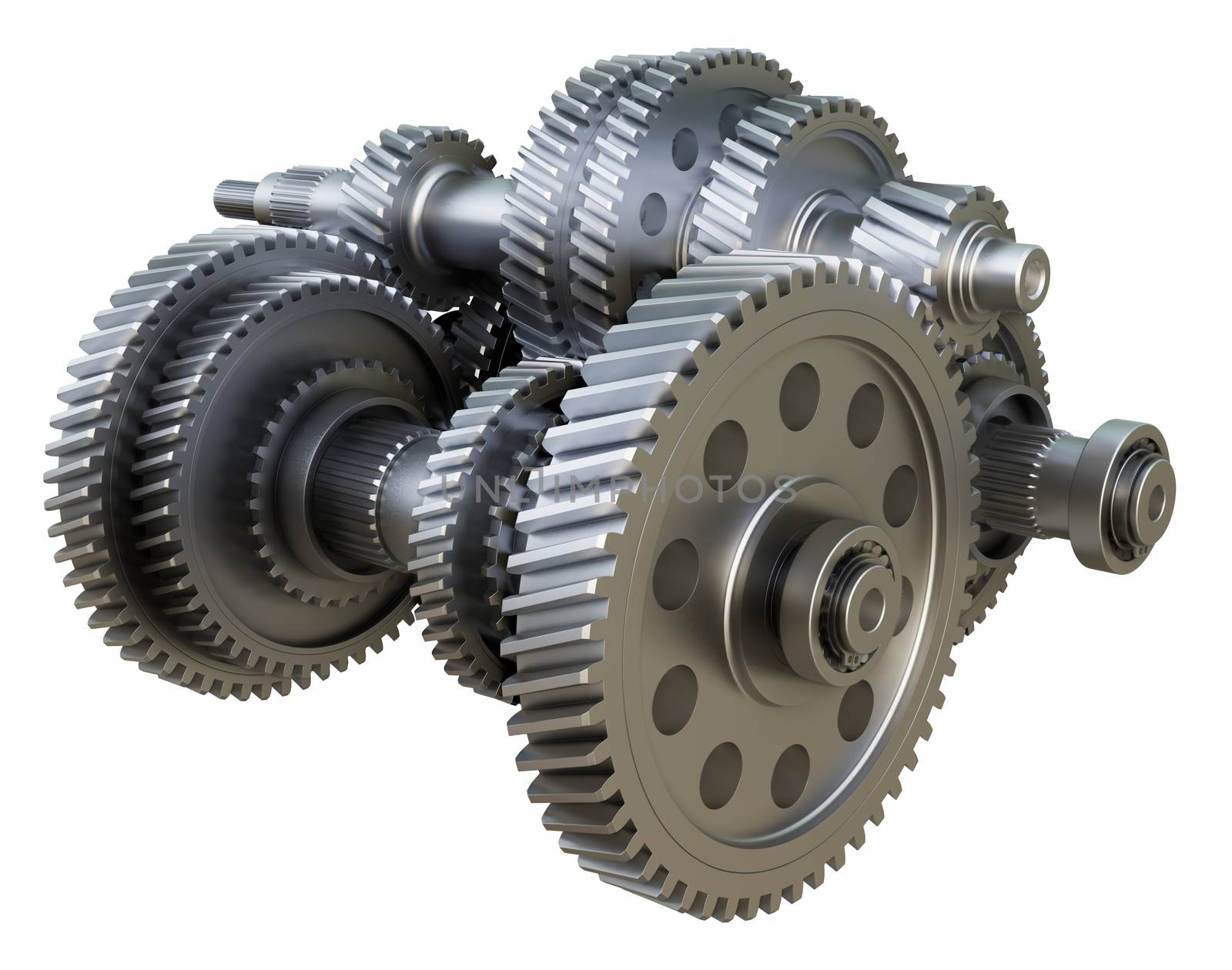 Gearbox concept. Metal gears, shafts and bearings on white background. 3D illustration. Industrial background