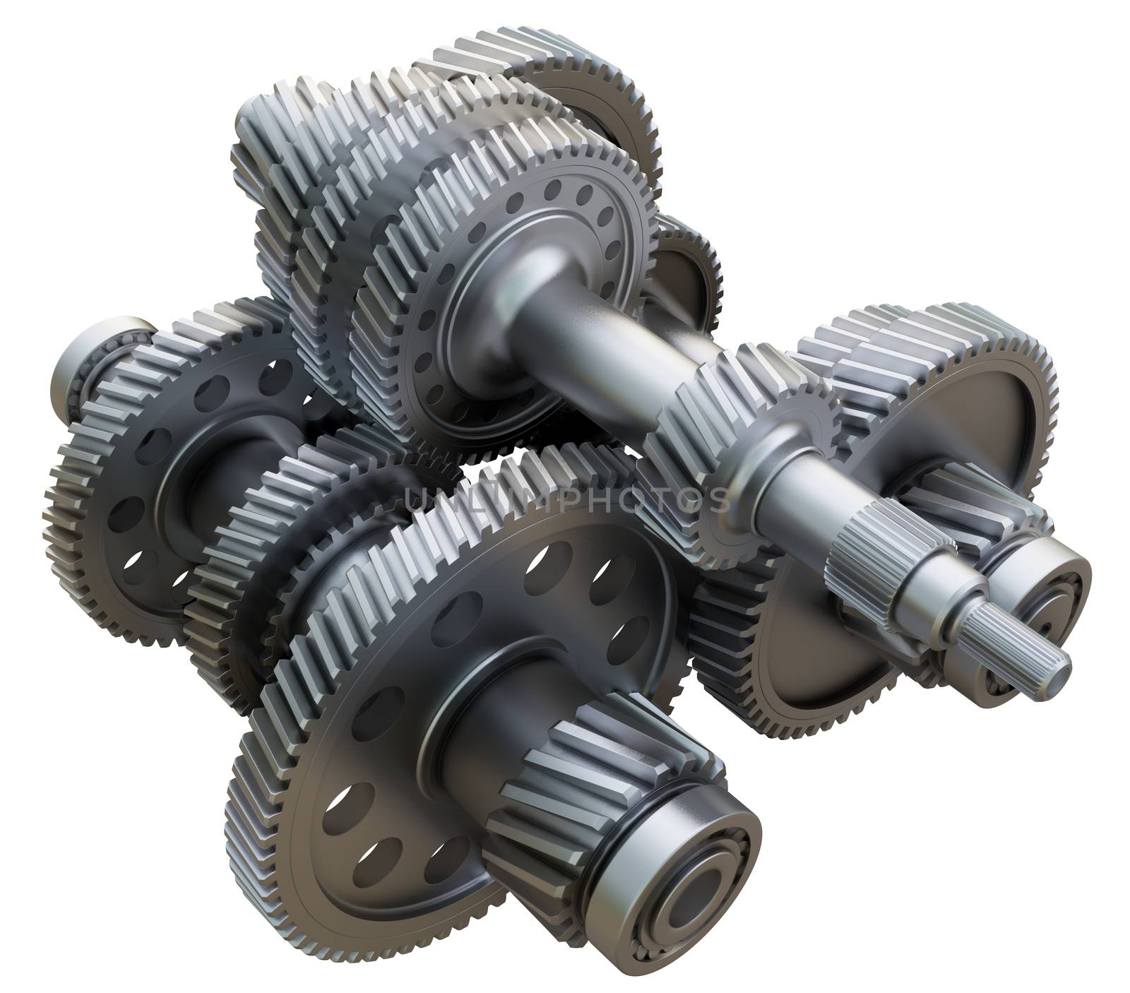 Gearbox concept. Metal gears, shafts and bearings on white background. 3D illustration. Industrial background