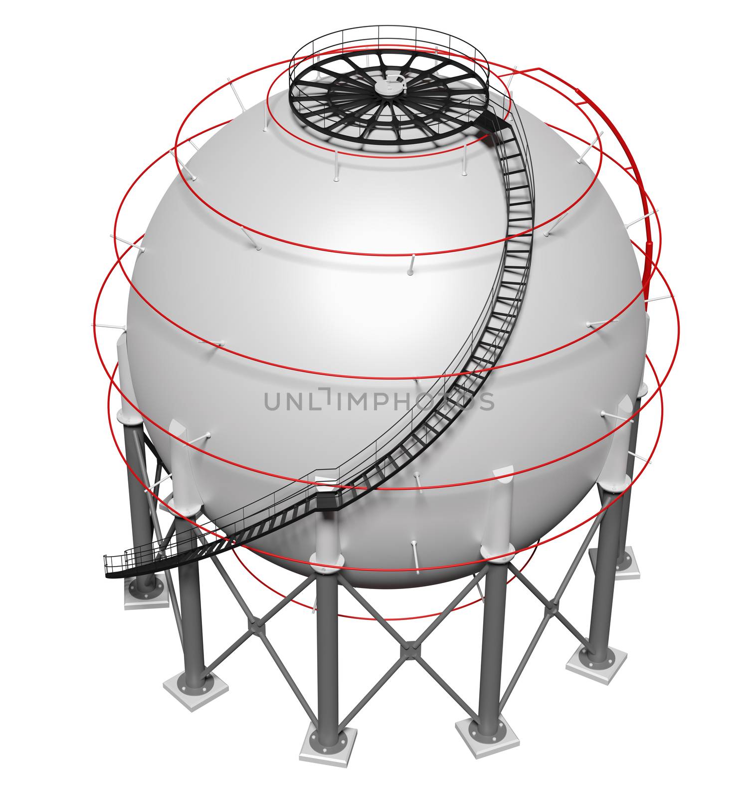 Spherical gas tank. 3D illustration on white background
