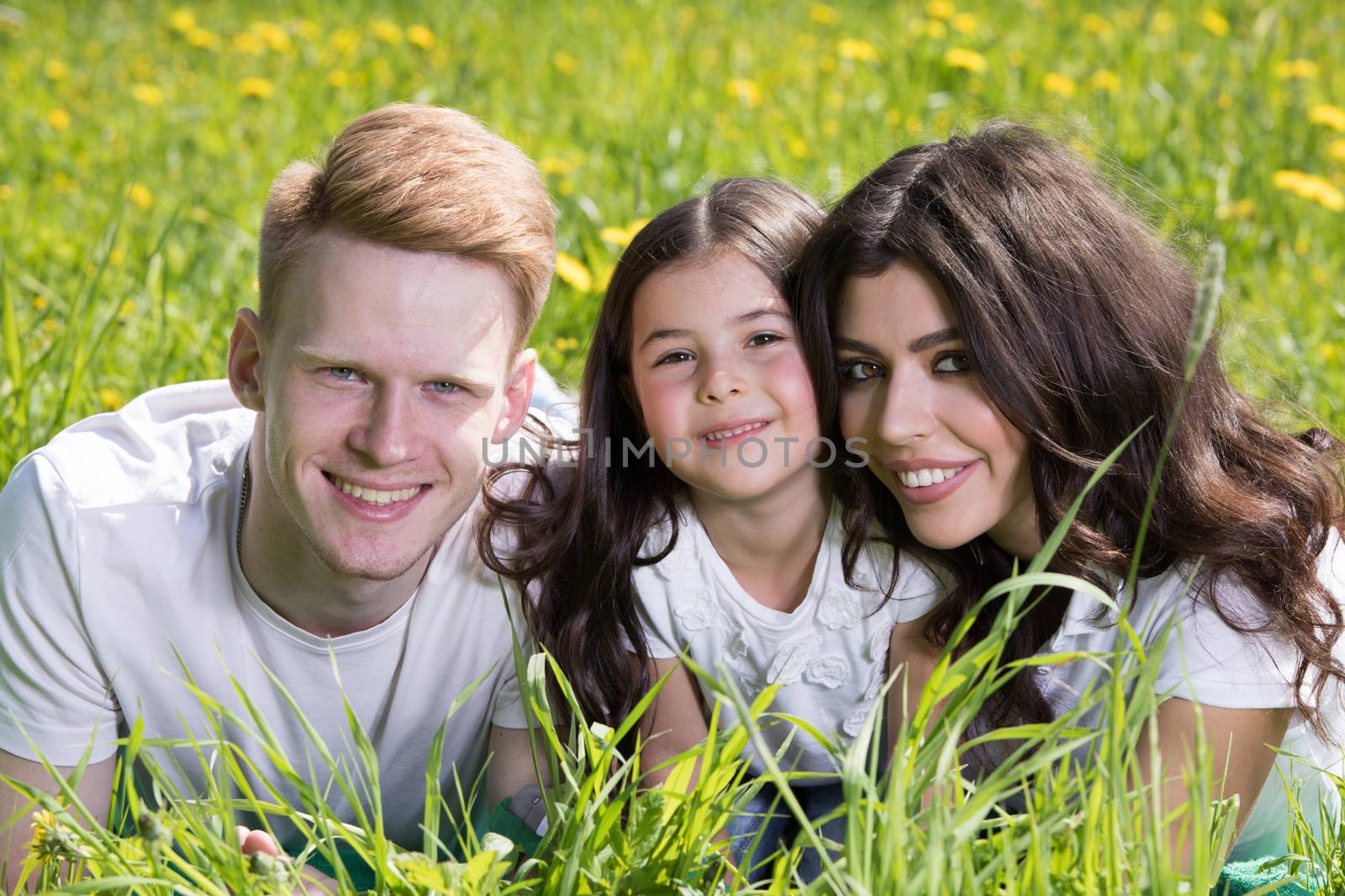 Happy smiling family laying on the grass in the park