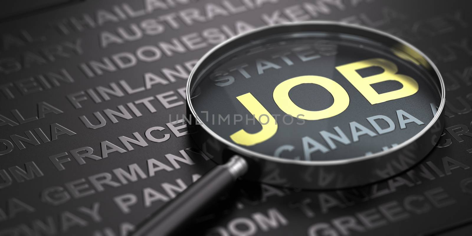 Black background with countries names with focus on the word job witten in golden letters and a magnifying glass. International recruitment concept. 3D illustration