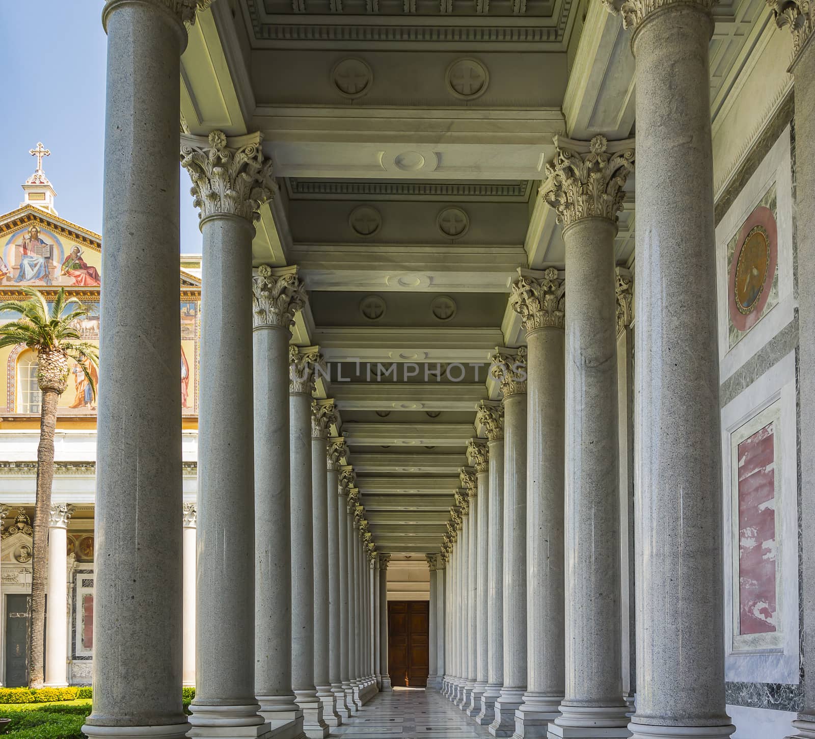 Colonnade in the courtyard of the basilica of St Paul outside the walls in Rome