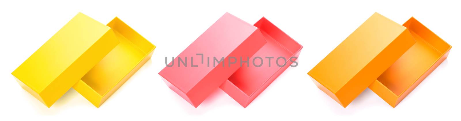 Color cardboard box mock up isolated on white background. Collection