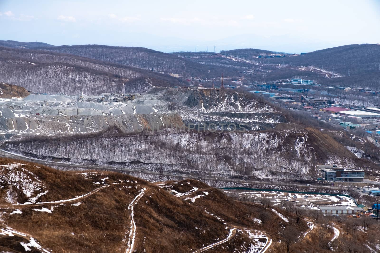 Quarry in the city of Vladivostok. Andesite mining and crushed stone production .