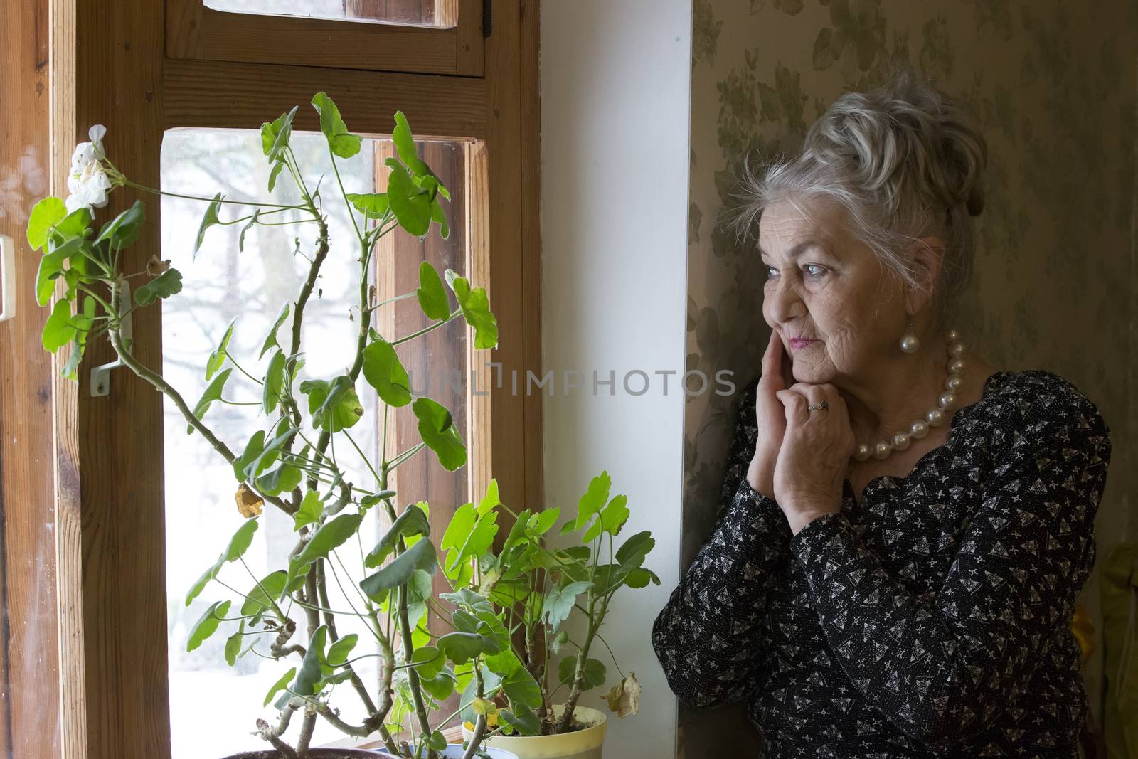 Old beautiful woman at the window.A very old woman. An eighty-year-old woman. Studio portrait of an old woman.Lonely old age. Nursing home