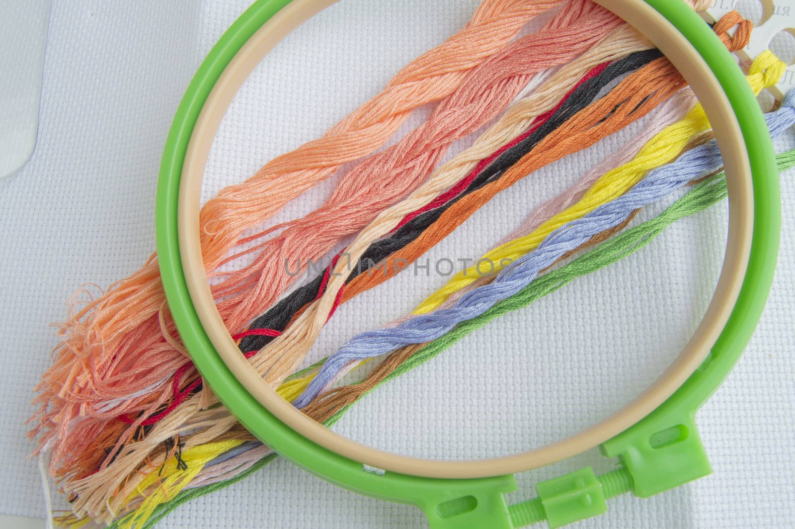 Embroidery Hoop with canvas and bright sewing threads for table embroidery on white background, top view by claire_lucia