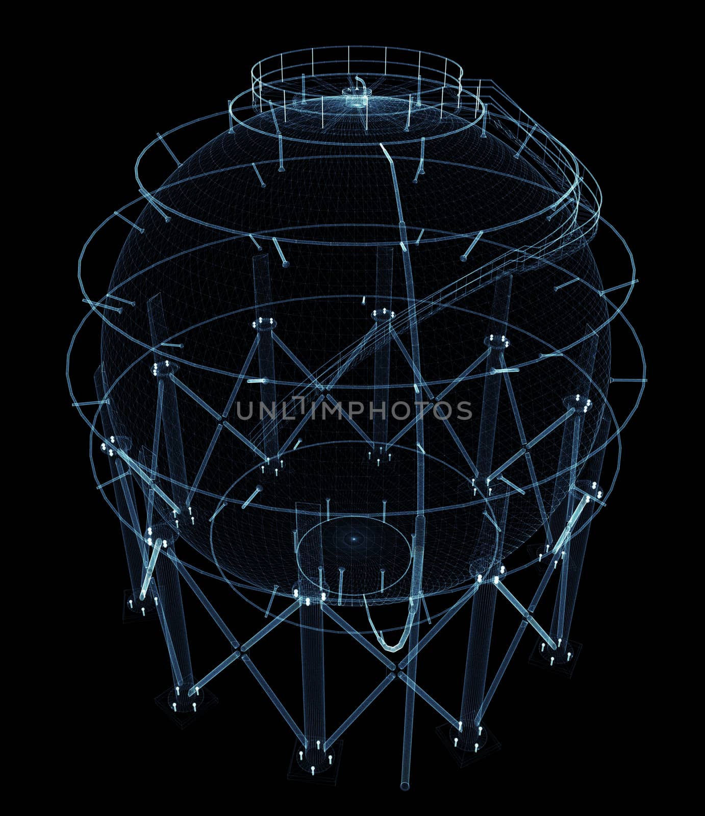 Spherical gas tank consisting of luminous lines and dots. 3d illustration on a black background