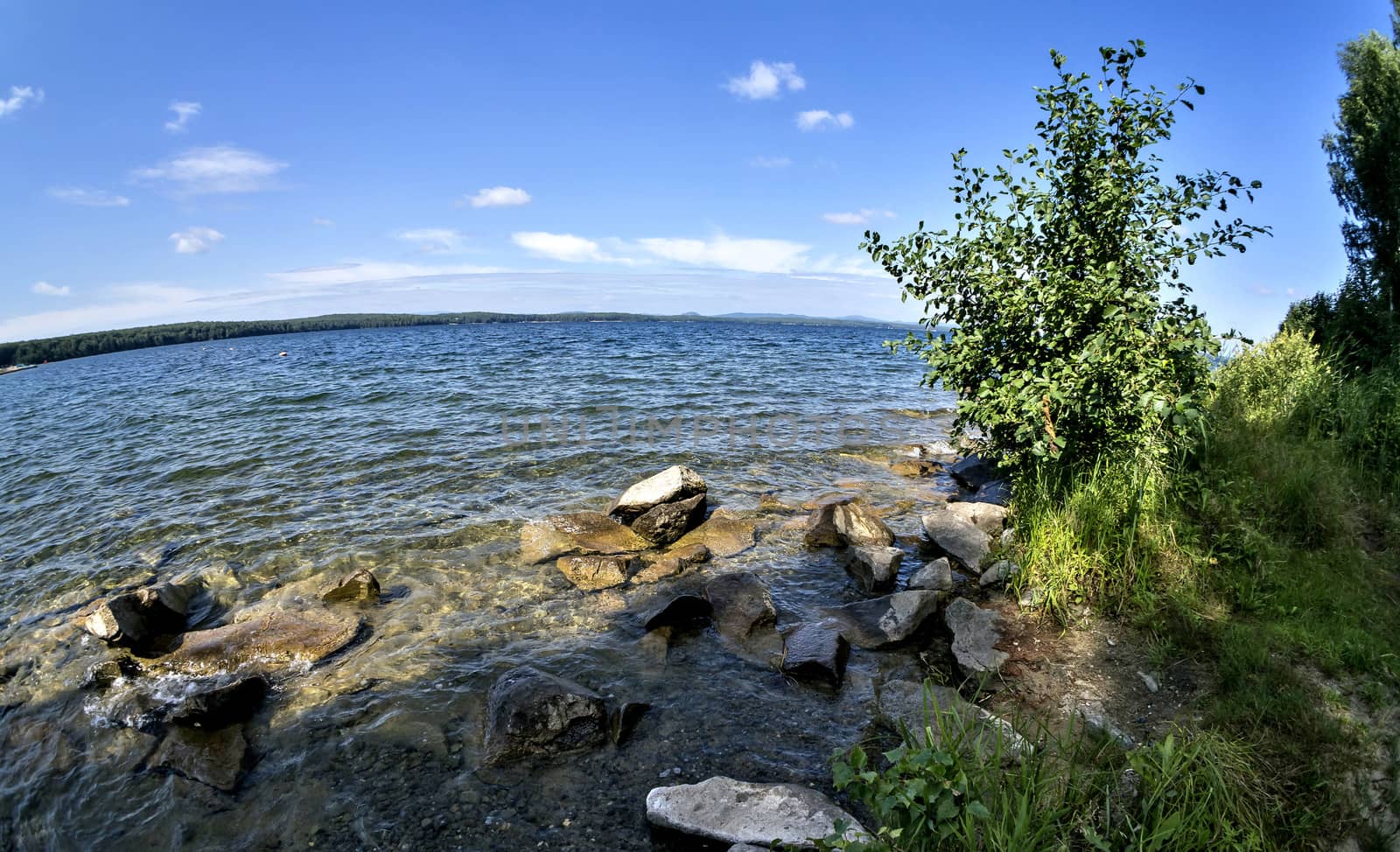 wooded and rocky shore on the background of the lake and the blue sky, fish-eye