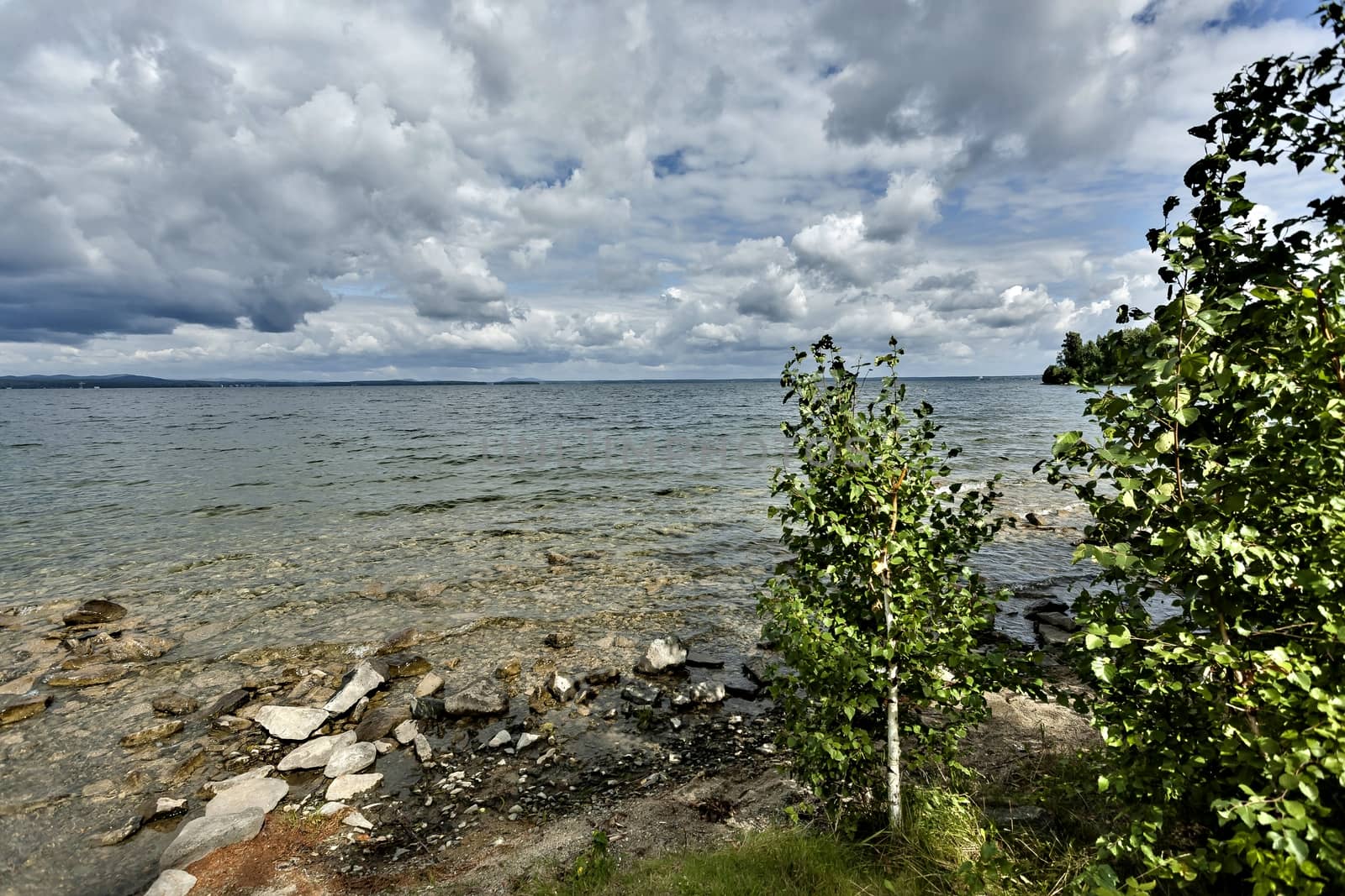wooded shore against the lake and cloudy sky on a Sunny summer day