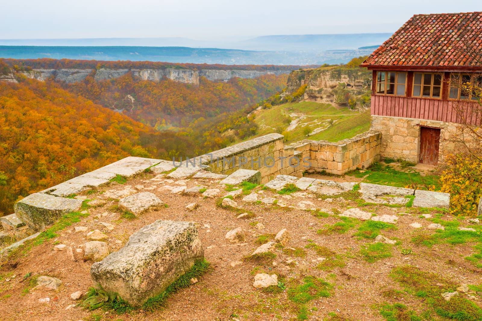 View of the valley in the autumn day in the cave city of Chufut-Kale, Crimea