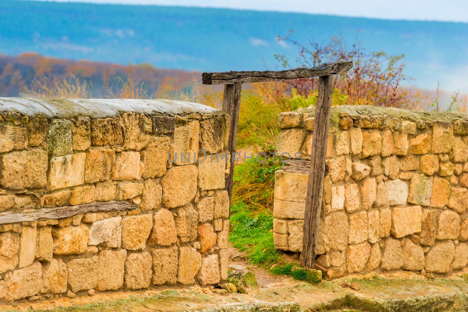 Chufut-Kale, cave city in the Crimea - view of a stone wall by kosmsos111