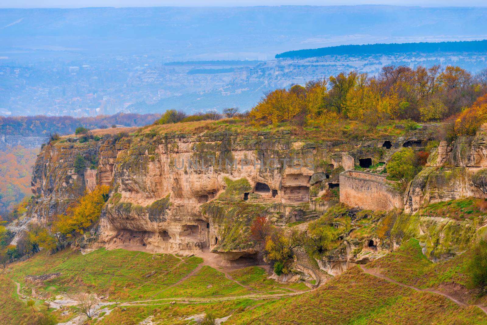 Rock with a cave city sight Bakhchisaray, Crimea Russia