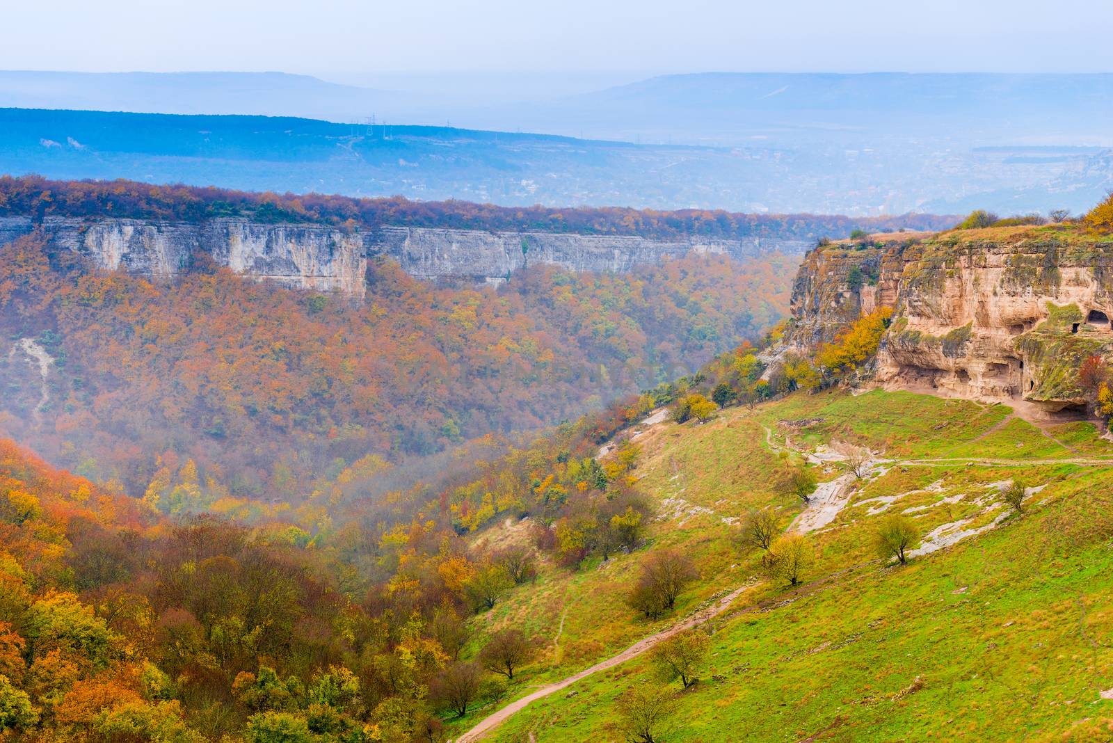 The cave city of Chufut-Kale and the valley on a cloudy autumn day, Crimea, Russia