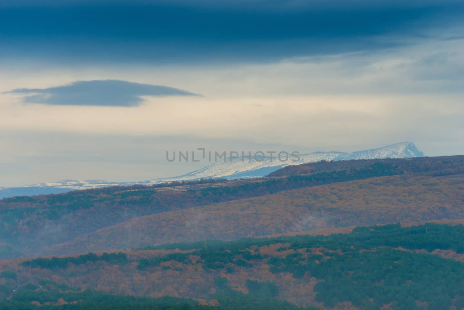 Autumn landscape - mountains, autumn forest on an overcast rainy by kosmsos111