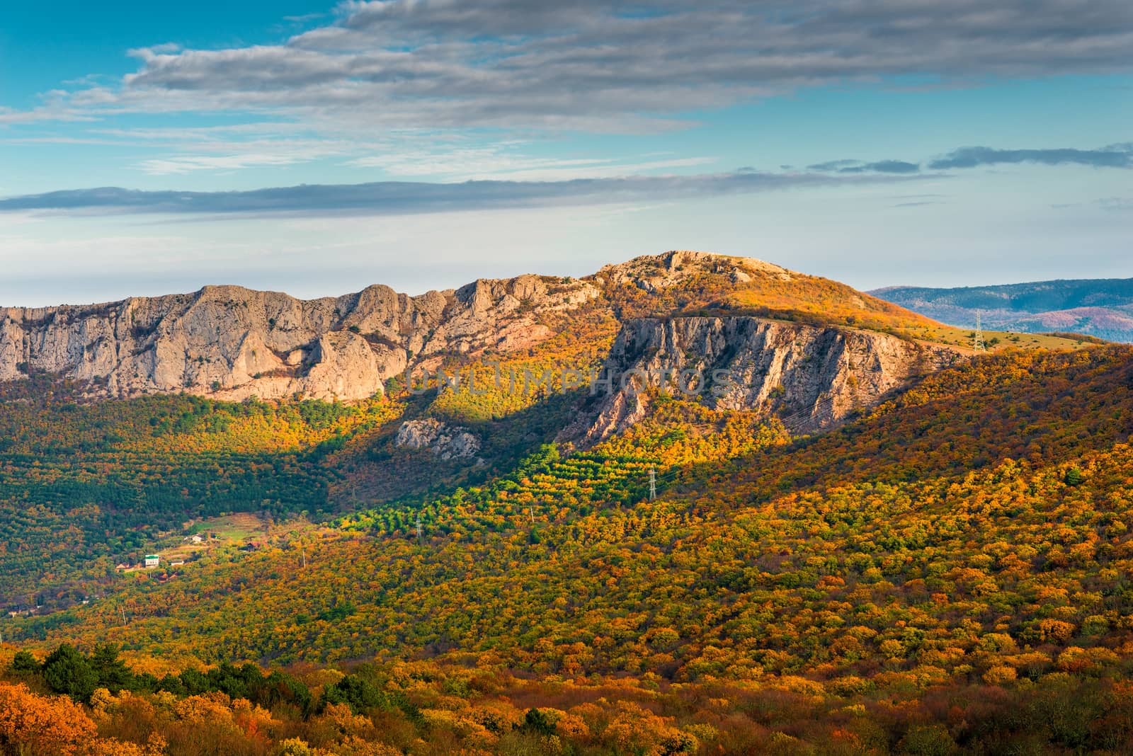 Beautiful autumn scenic landscape - orange forest and rocky moun by kosmsos111