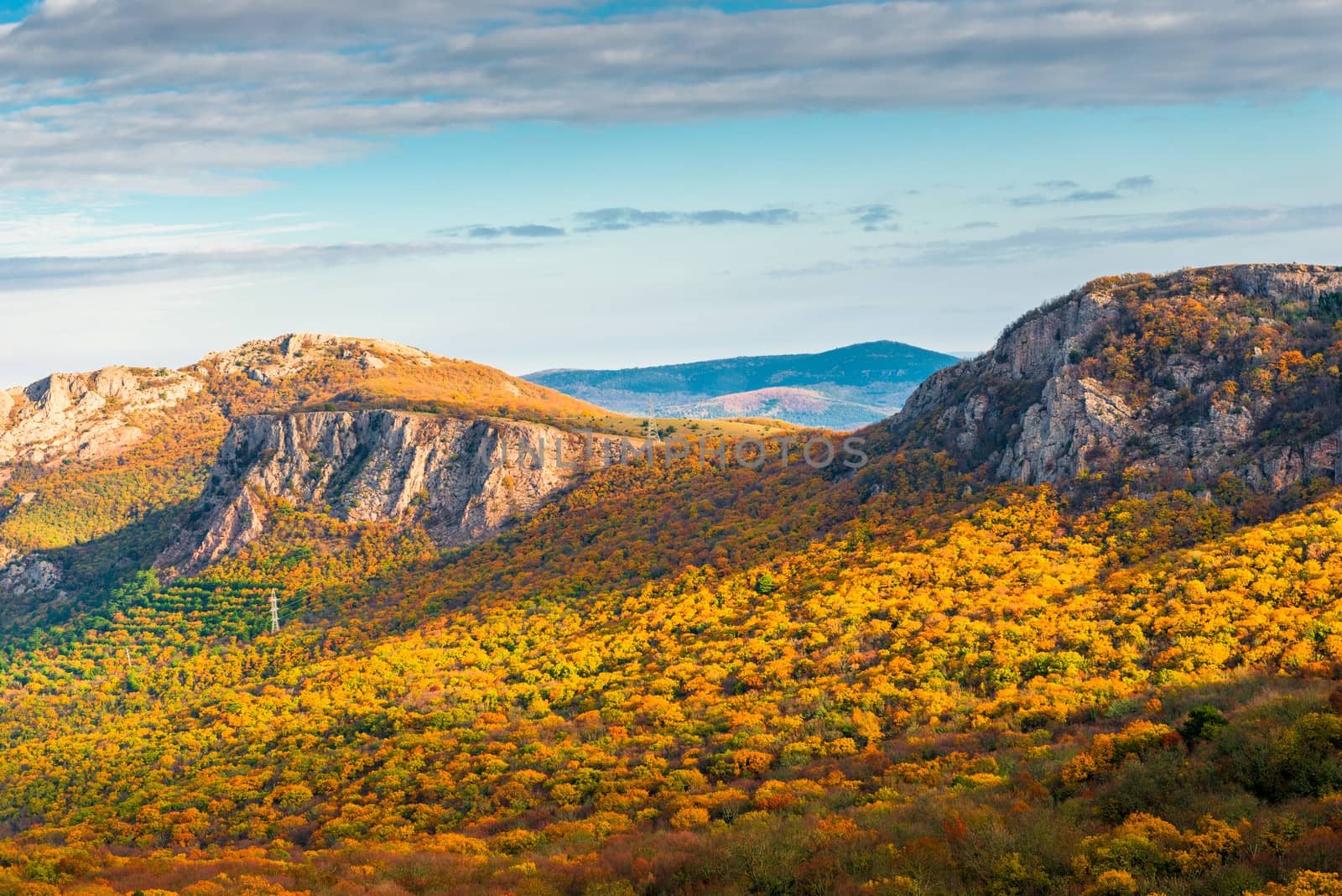 The slope of the mountain covered with autumn forest, the picturesque landscape of Crimea, Russia