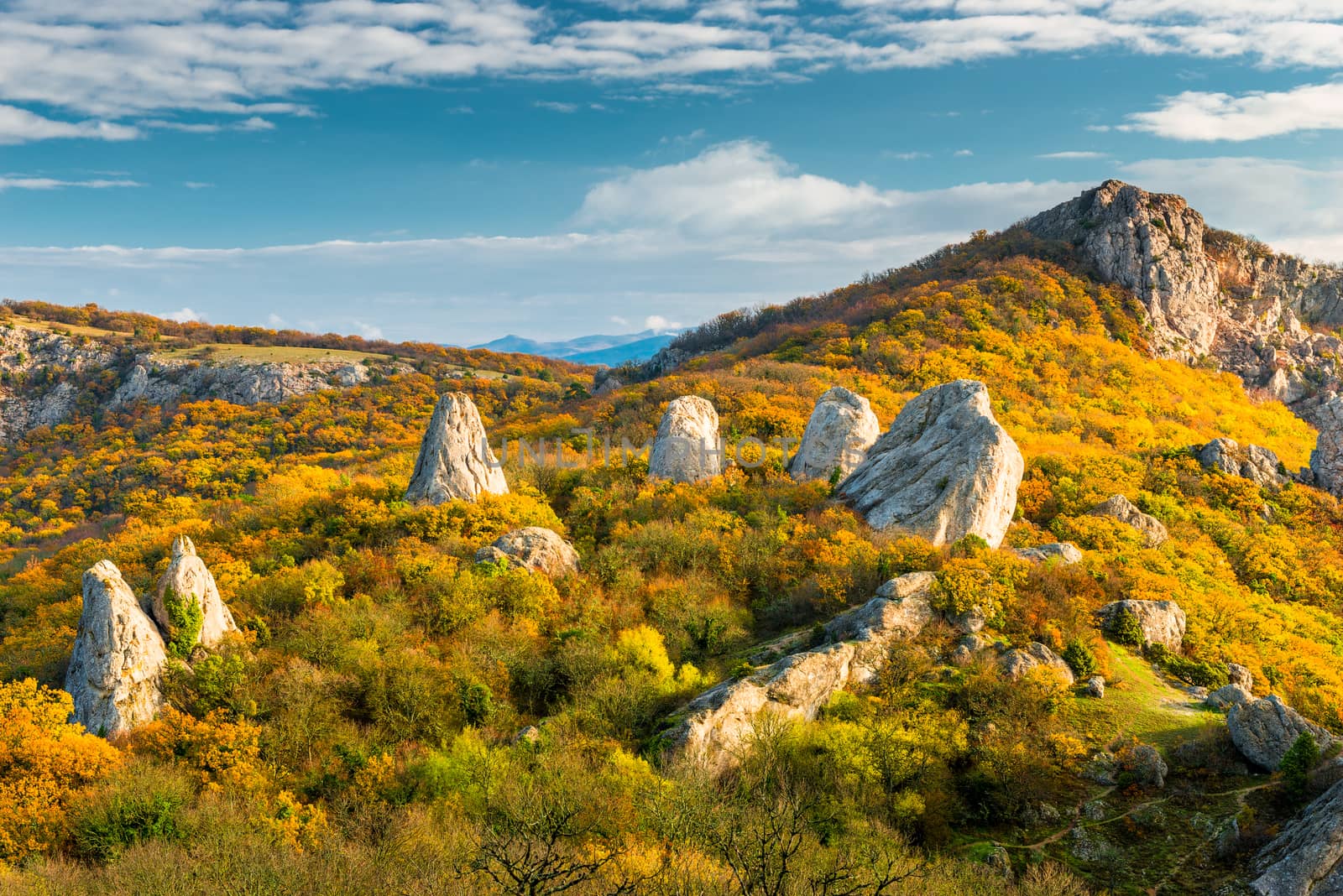 Picturesque scenery Temple of the Sun - rocks surrounded by forest in the mountains of Crimea, Russia