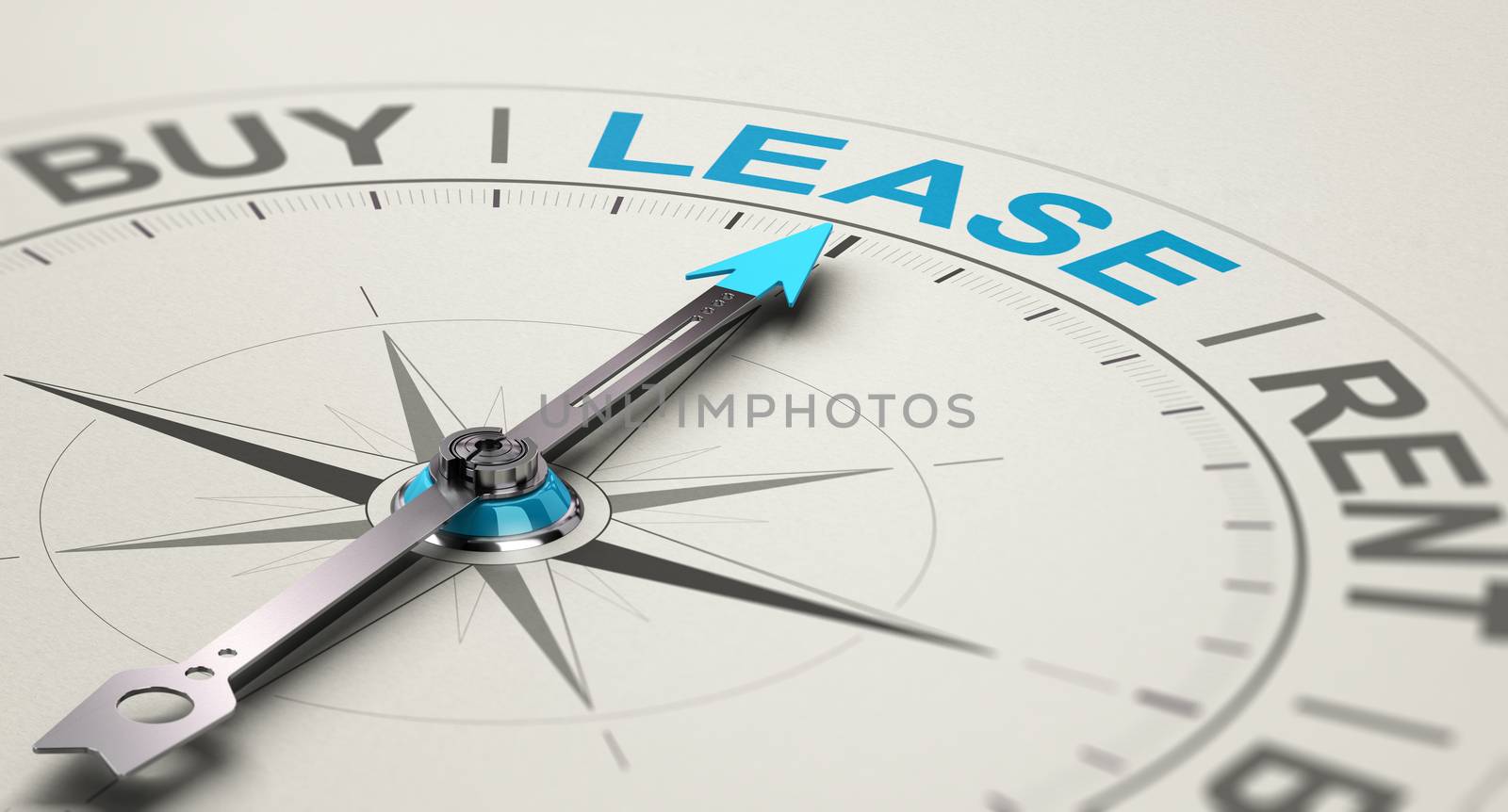 Conceptual compass with needle pointing the word lease. Concept of choosing between buying, renting or leasing a car or an equipment. 3D illustration