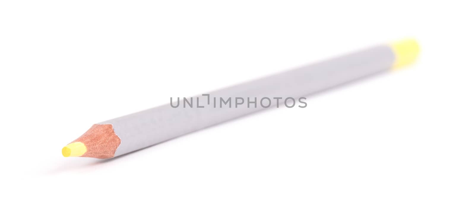 Wooden color pencil, selective focus, isolated on a pure white background - yellow