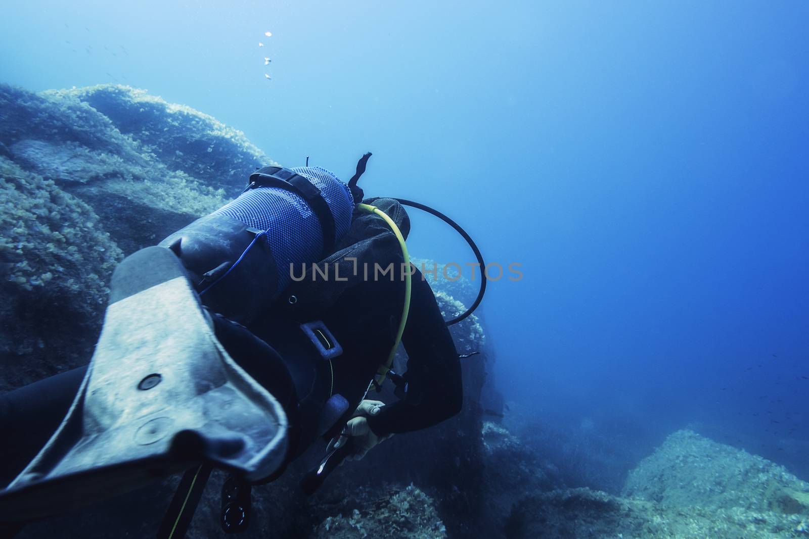 person diving near the rocks of the sea floor of a blue and turquoise sea, the stones are covered with small seaweed. The diver turns his back to the camera and one of his fins is in the foreground