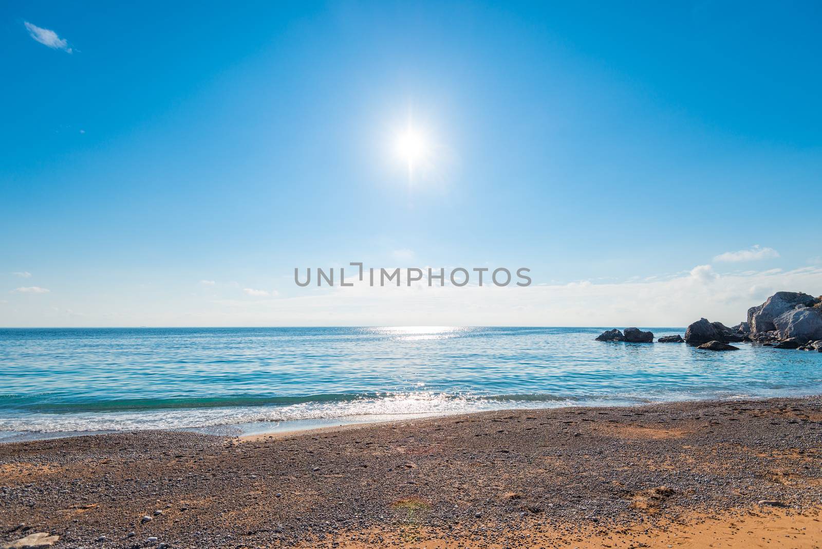 A bright midday sun over clear sea water, a view of the horizon. by kosmsos111